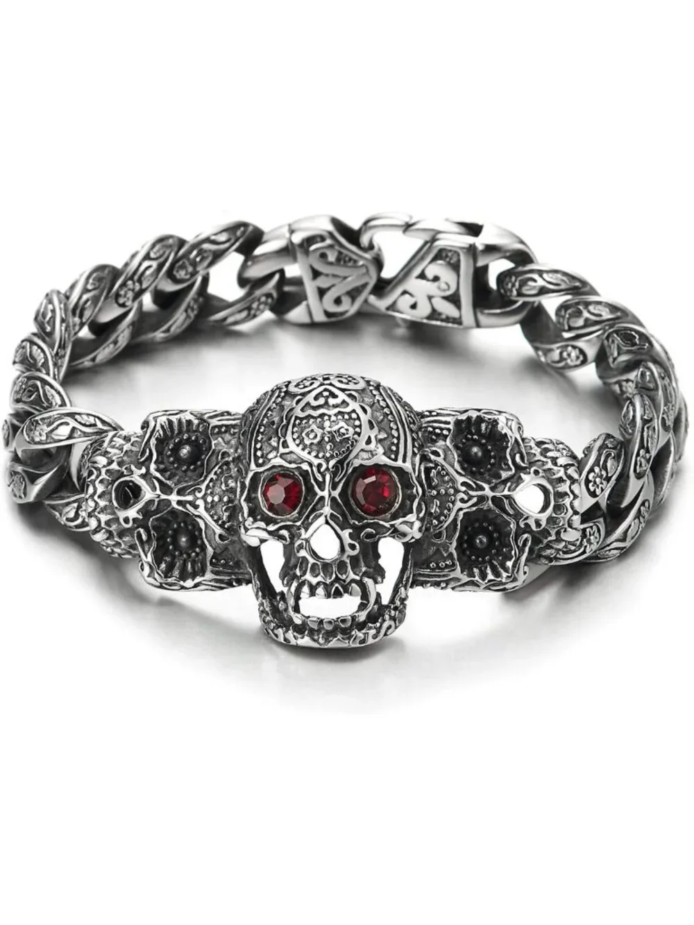 Men's Vintage Sugar Skull Charm Bracelet - Steel Curb Chain with CZ Eyes